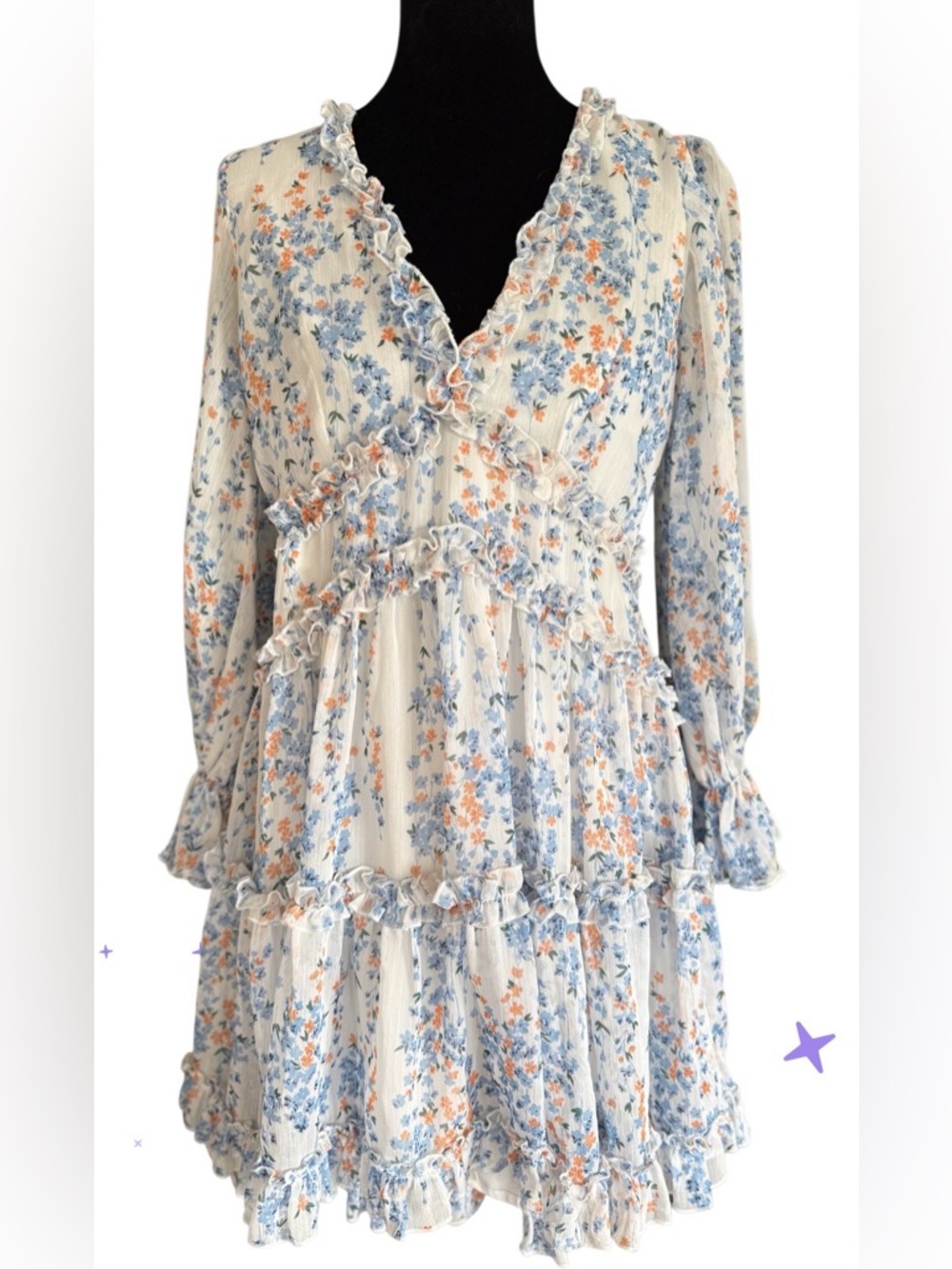 Selfie Leslie Cream Floral Ruffle Midi Dress with Blue and Orange Flowers